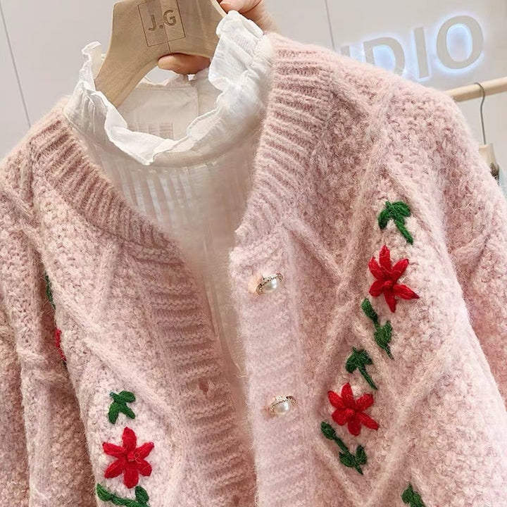 【outer】クルーネック刺繍ニットカーデ　M18132