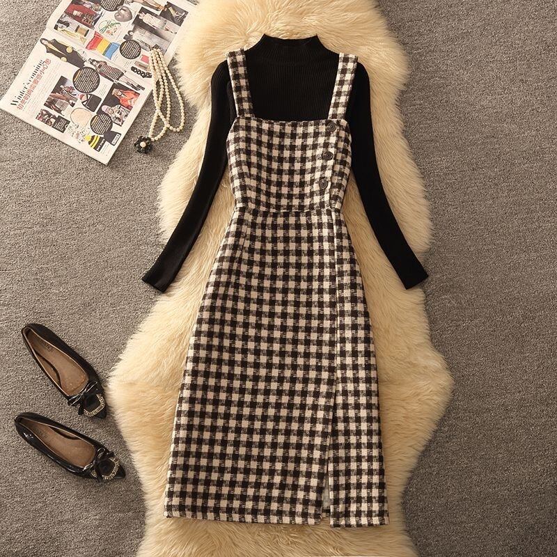 【dress】スリットチェック柄ツイードワンピース　N2263