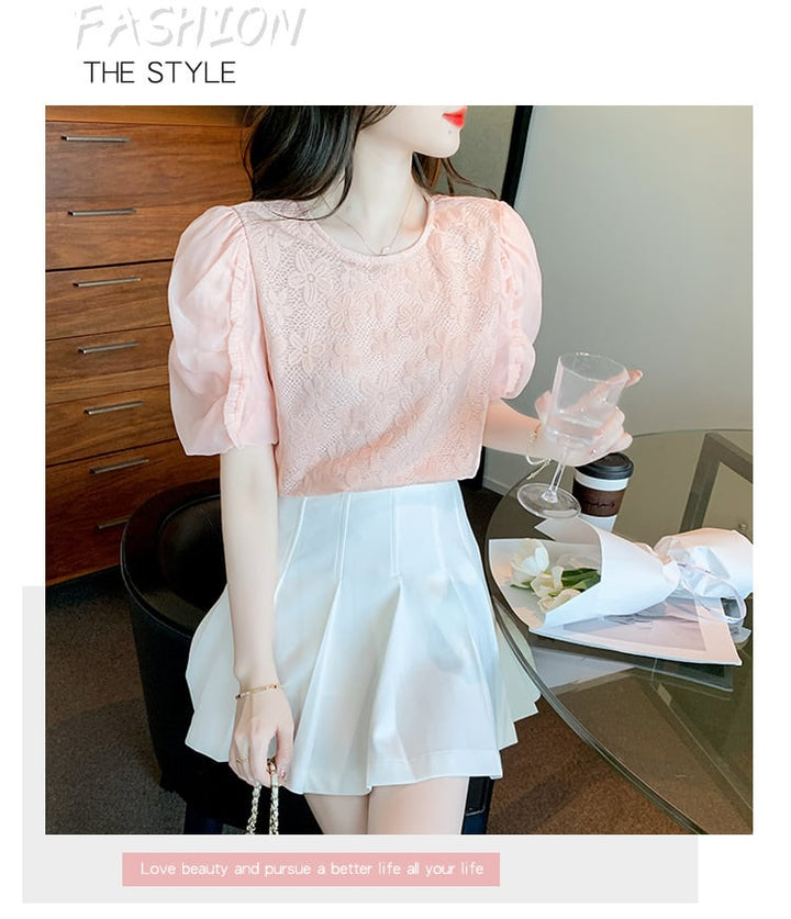 【tops】パフスリーブジャカードカットワークトップス　M17126