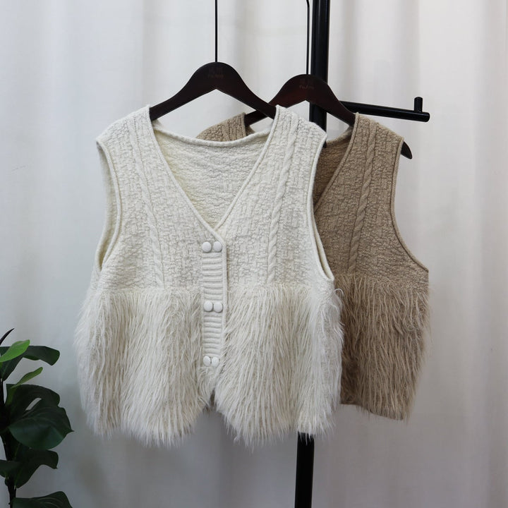 【tops】Vネックフェザーニット切り替えジレ　M17784