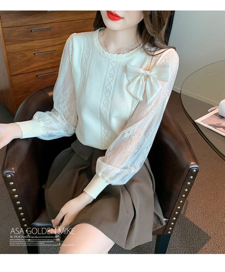 【tops】優しい雰囲気リボン付きレース切り替えトップス　M17185