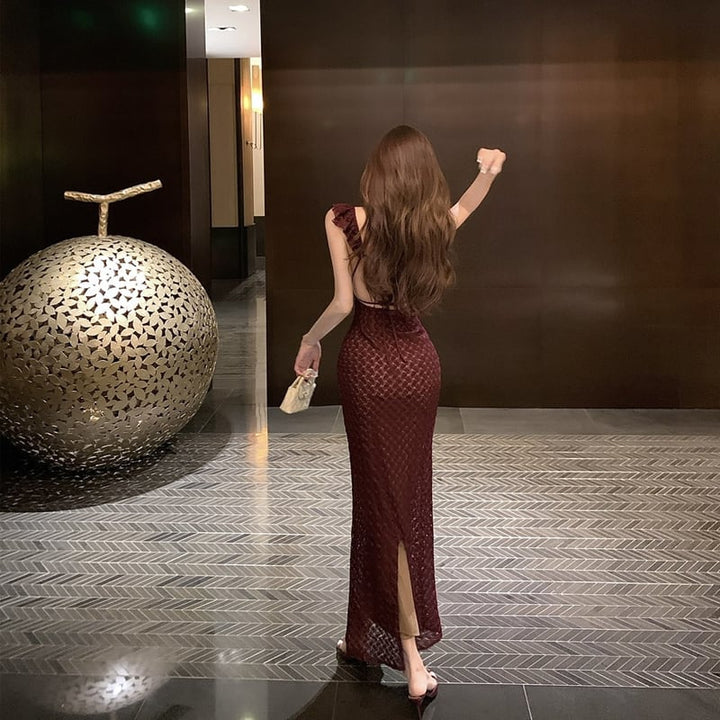【dress】Vネックストラップバックロングワンピース Q8039