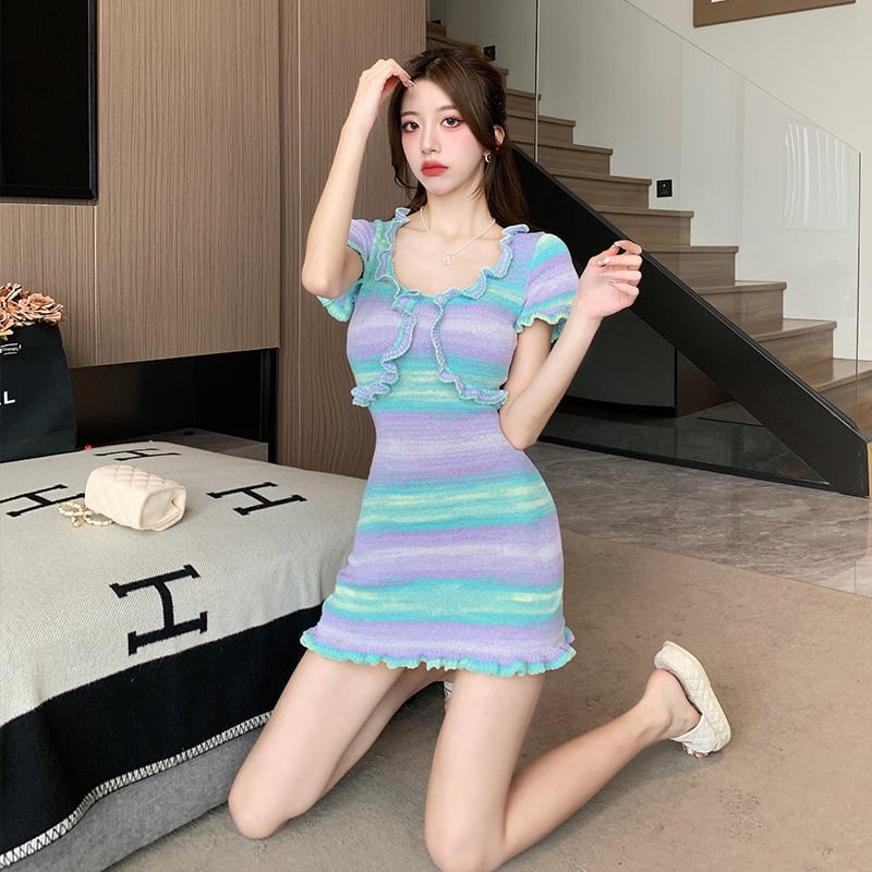 【dress】輝いて超人気 ! ボーダー柄配色ニットワンピース　M16766