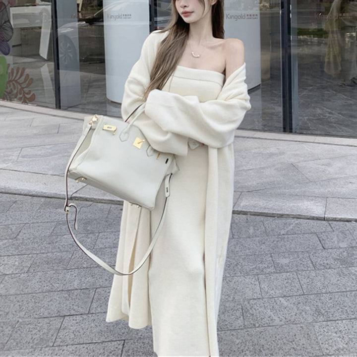 【set】ロング丈カーディガン×ベアトップワンピースセット　N2799