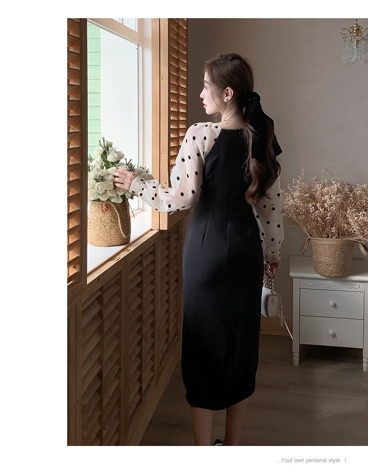 【dress】ドット柄切り替えスリットワンピース　M17714