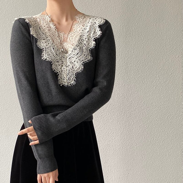 【tops】Vネックレースドッキングニットトップス Q7241