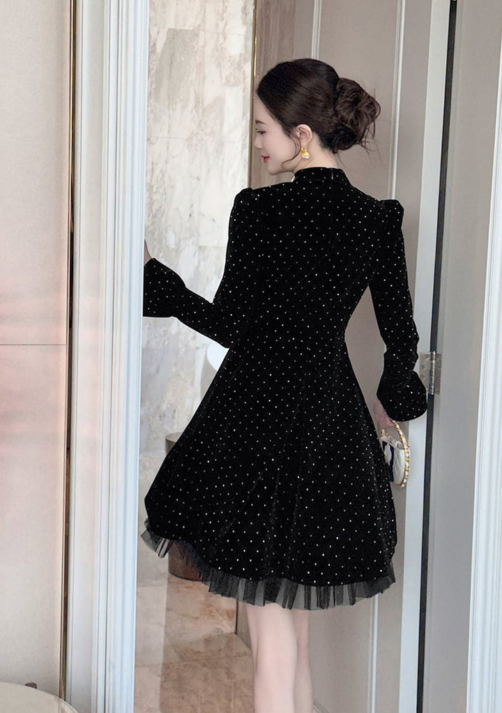 【dress】レースドッキングラインストーンベロアワンピース　N3420
