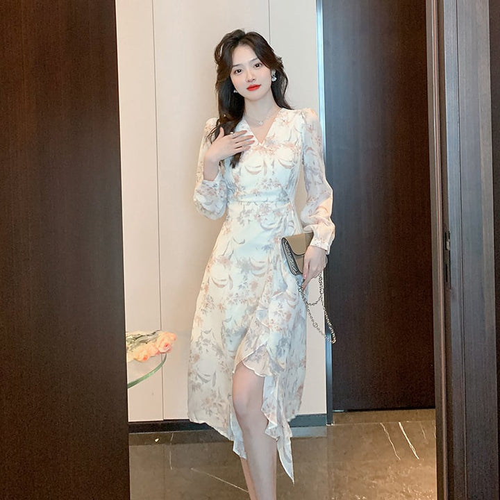 【dress】早い者勝ちVネックスリット花柄ワンピース　M17304