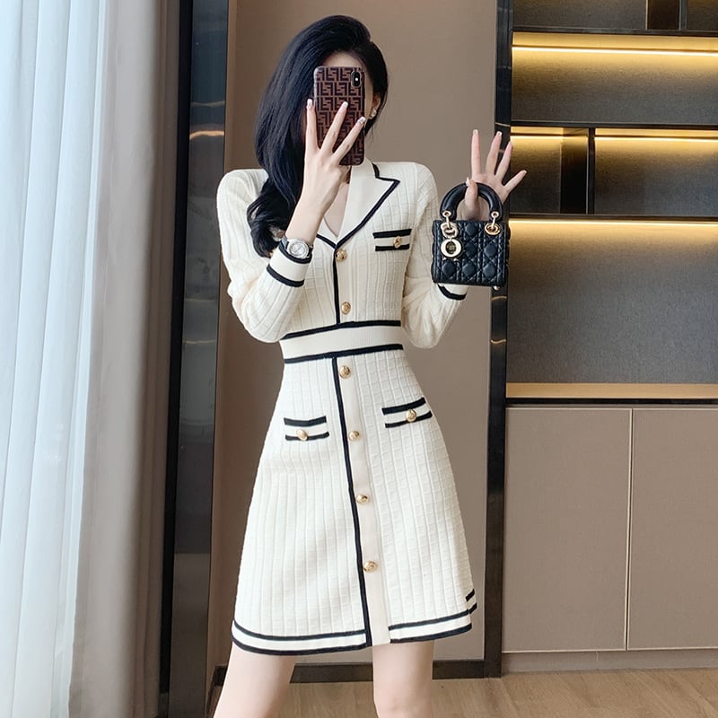 【dress】気質満点 エレガントVネックニットワンピース　M17508