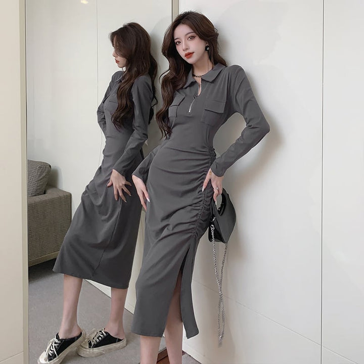 【dress】人気を独占中 POLOネックスリットワンピース　M17014