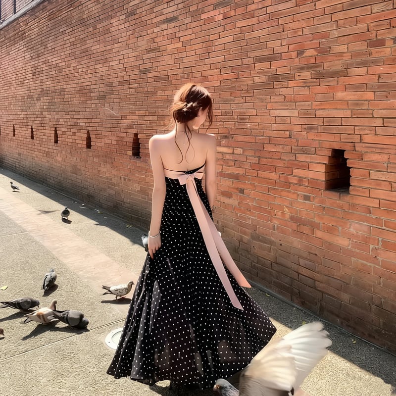 【dress】ドット柄リボン付きロングワンピース Q8374