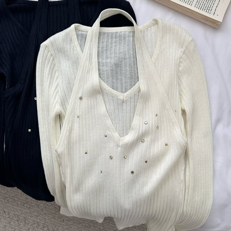 【tops】フェイクレイヤードニットトップス Q7960