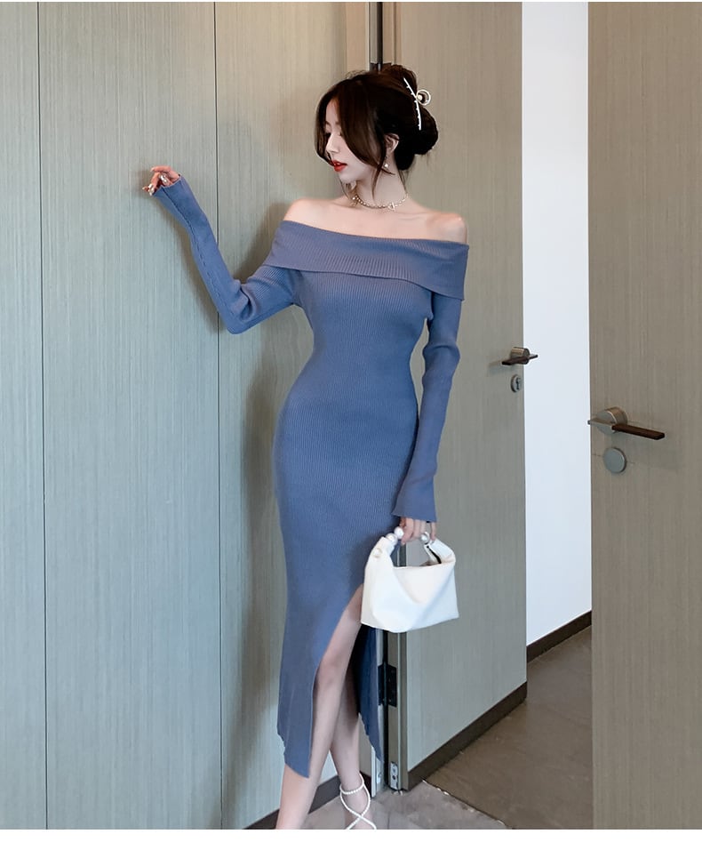 【dress】ボートネックスリットニットワンピース　M18085
