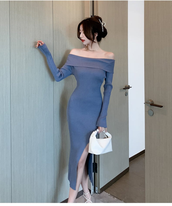 【dress】ボートネックスリットニットワンピース　M18085