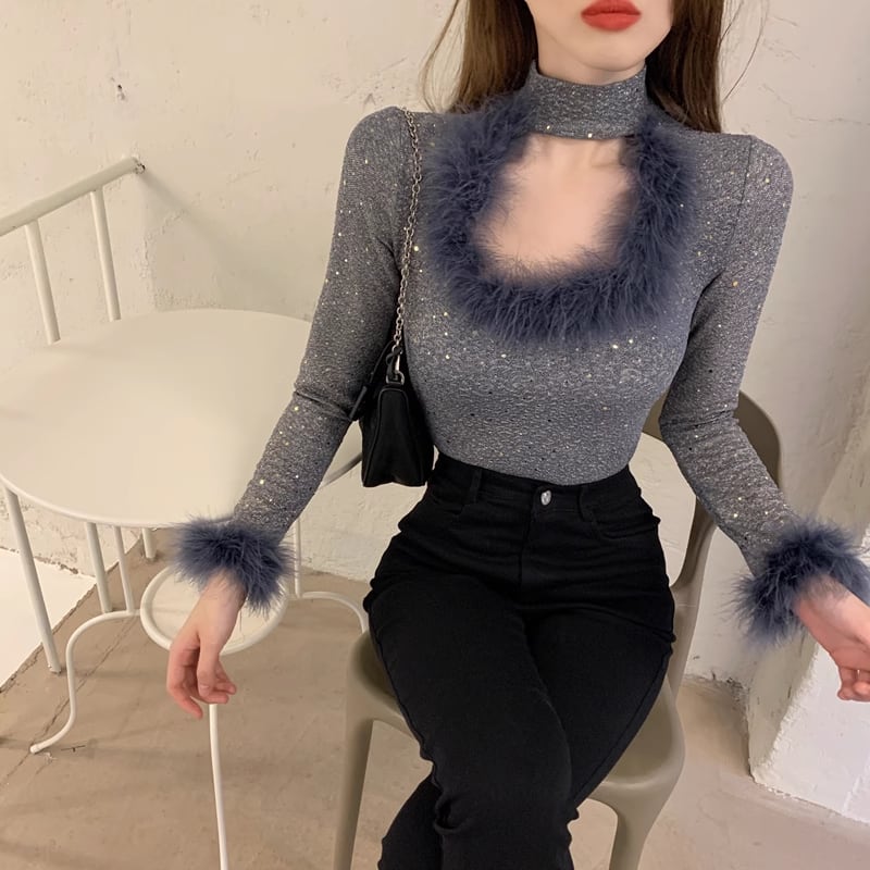 【tops】ファーキラキラカットワークトップス　M18075