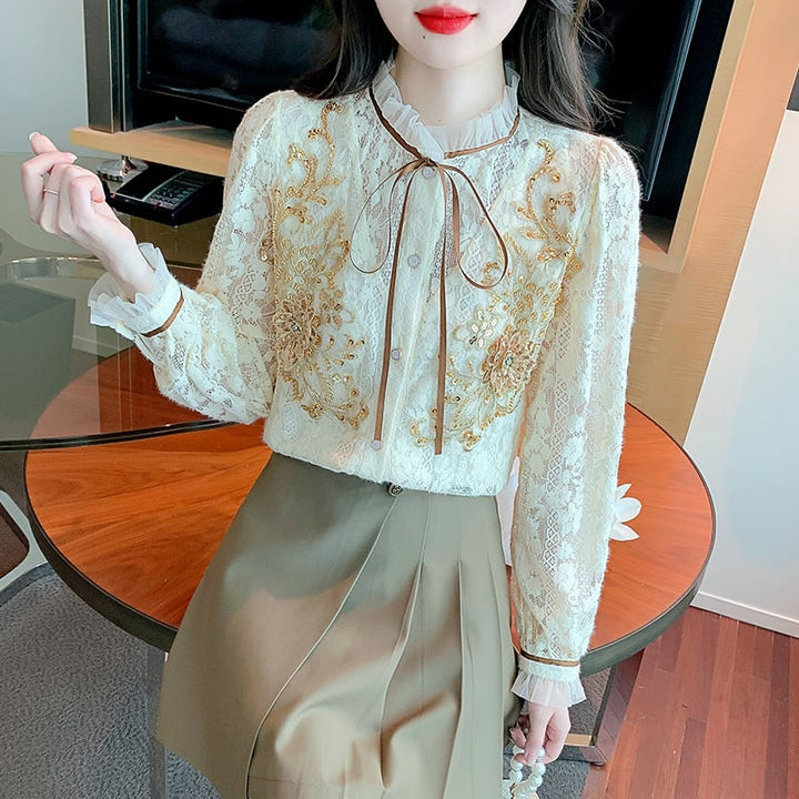 【tops】美人度アップエレガントレースシャツトップス　M16878