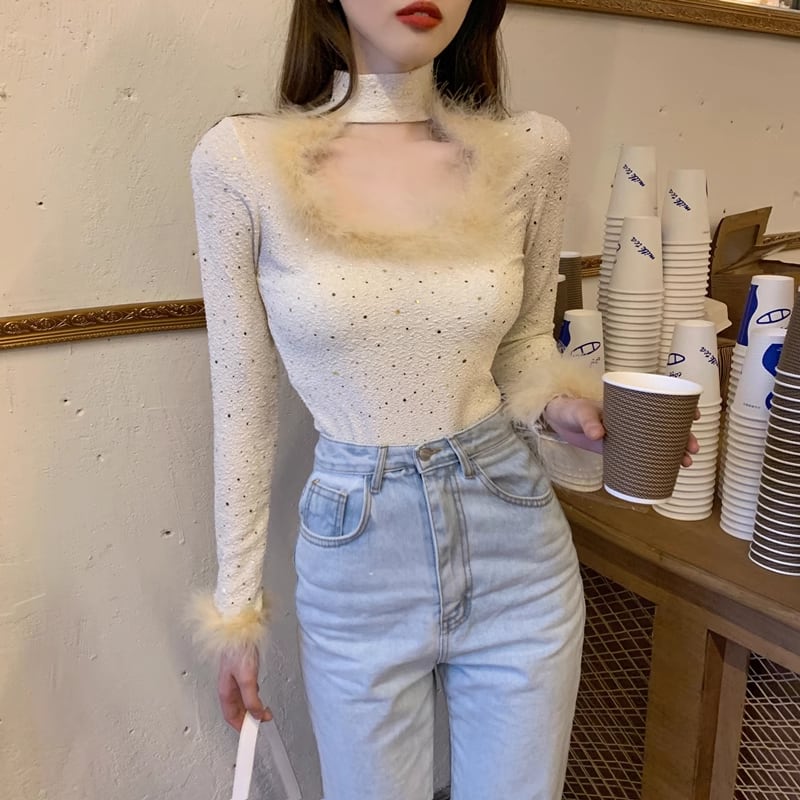 【tops】ファーキラキラカットワークトップス　M18075