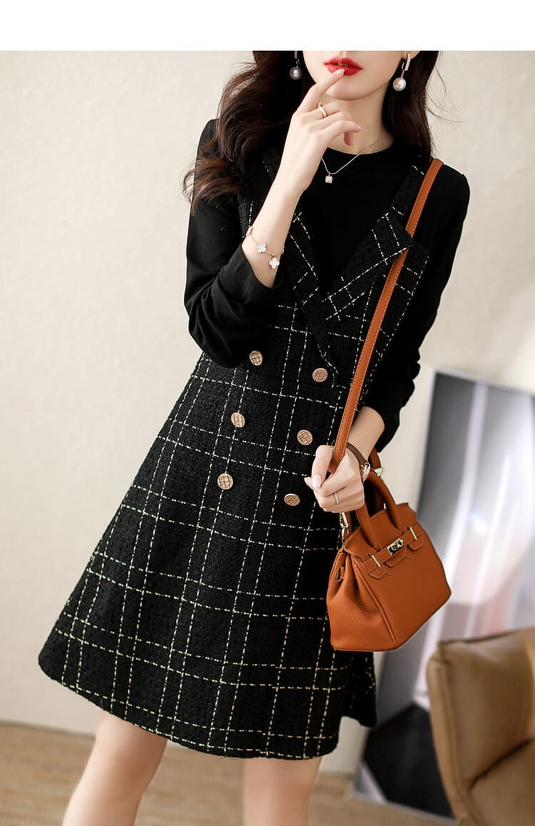 【dress】切り替えボタンデザインチェック柄ワンピース　M17688
