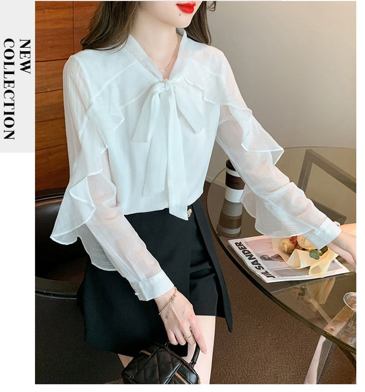 【tops】柔らかくて優しい印象フリルシャツトップス　M17316