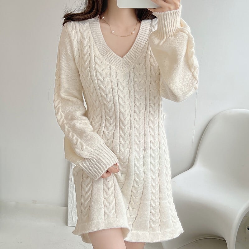【dress】Vネック無地ニットワンピース　M17948