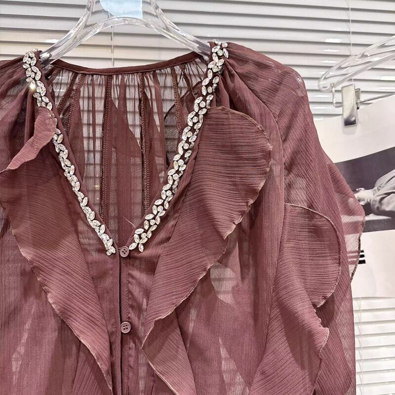 【tops】Vネックフレアシフォンシャツ Q8105