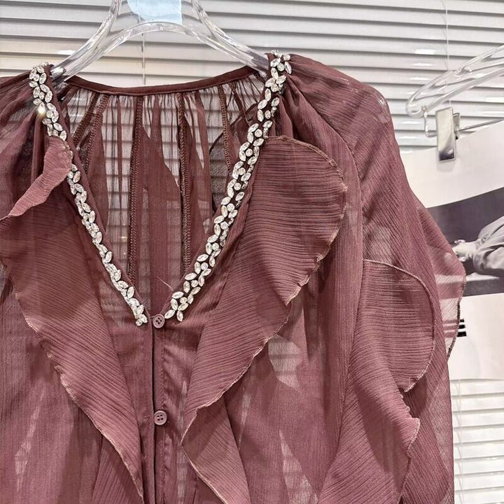 【tops】Vネックフレアシフォンシャツ Q8105