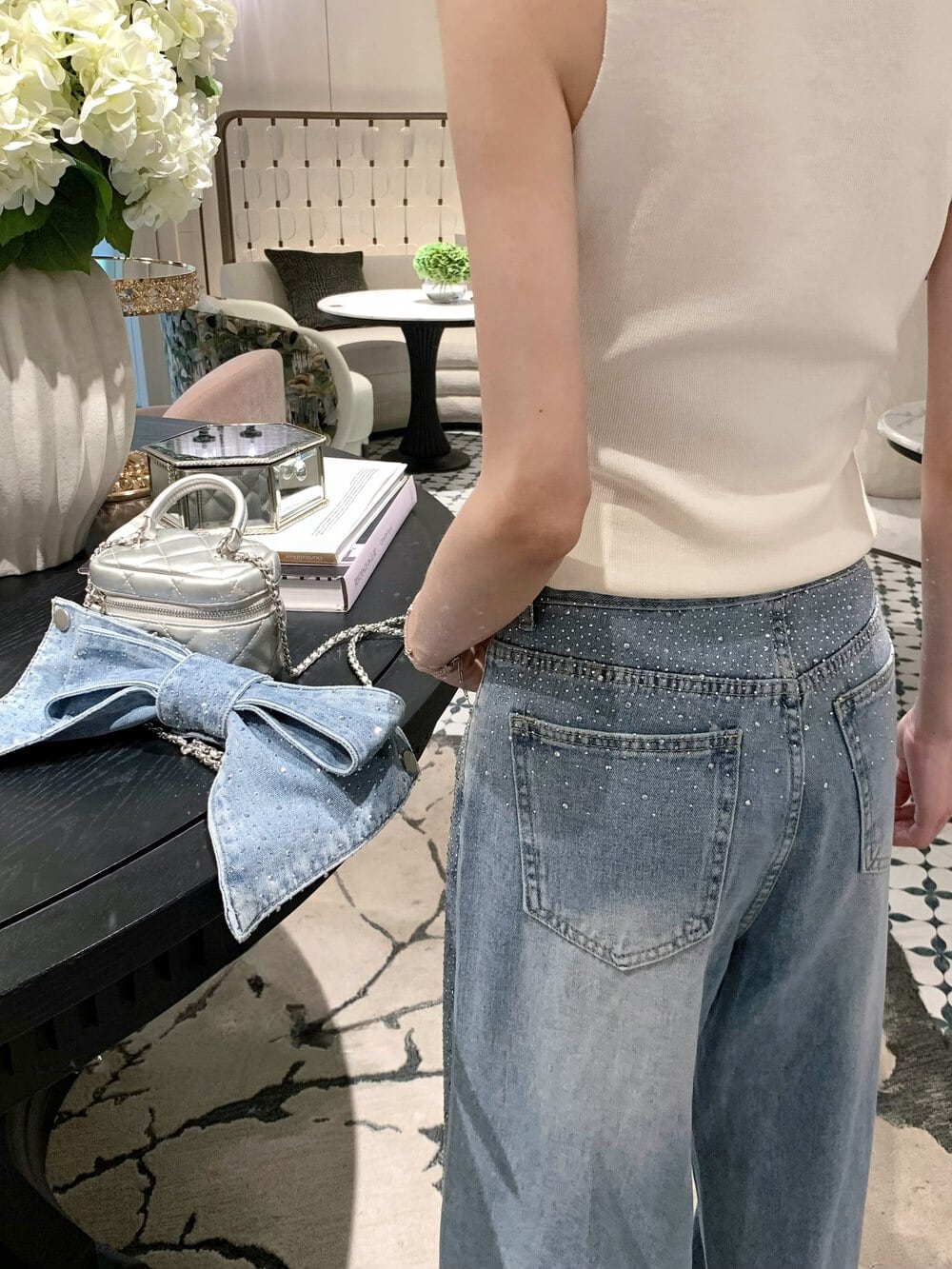 【bottoms】スパンコール付きバックリボンデニムパンツ　N3544