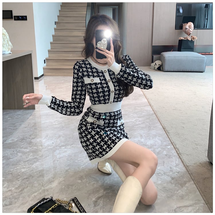 【dress】千鳥格子ニットワンピース　M17627