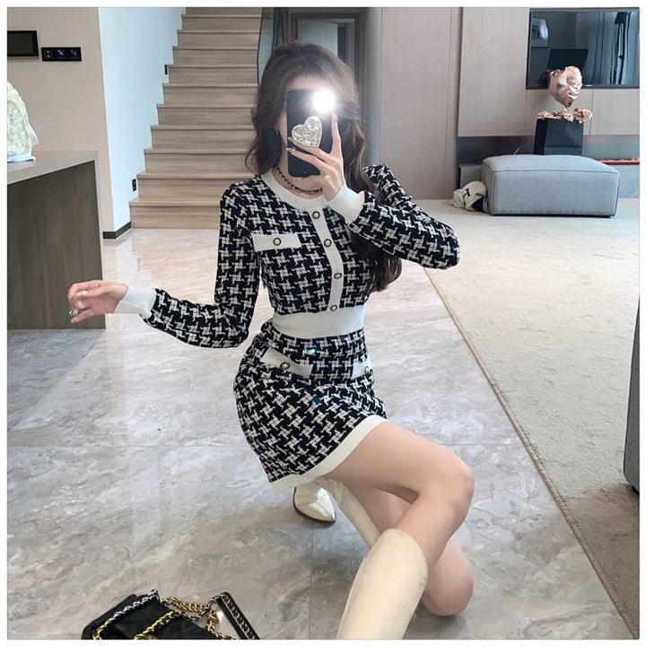 【dress】千鳥格子ニットワンピース　M17627