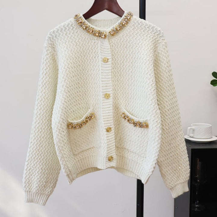 【outer】ラメ入りラインストーン付きニットカーディガン Q7326