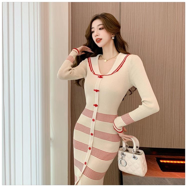 【dress】ボーダー柄スリットニットワンピース　M17954