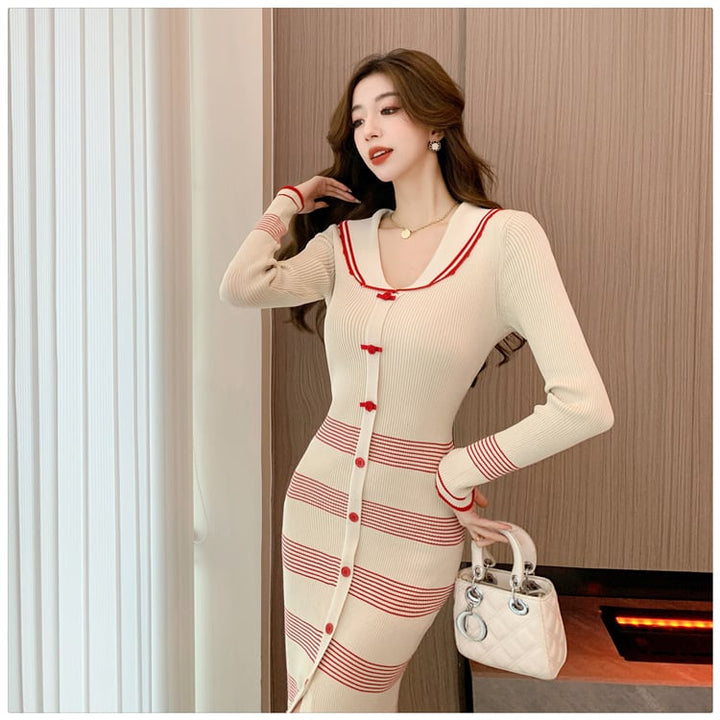 【dress】ボーダー柄スリットニットワンピース　M17954