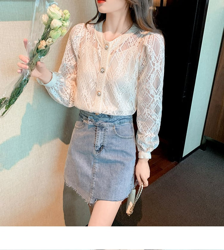 【tops】優しい雰囲気レース切り替えシャツトップス　M16771