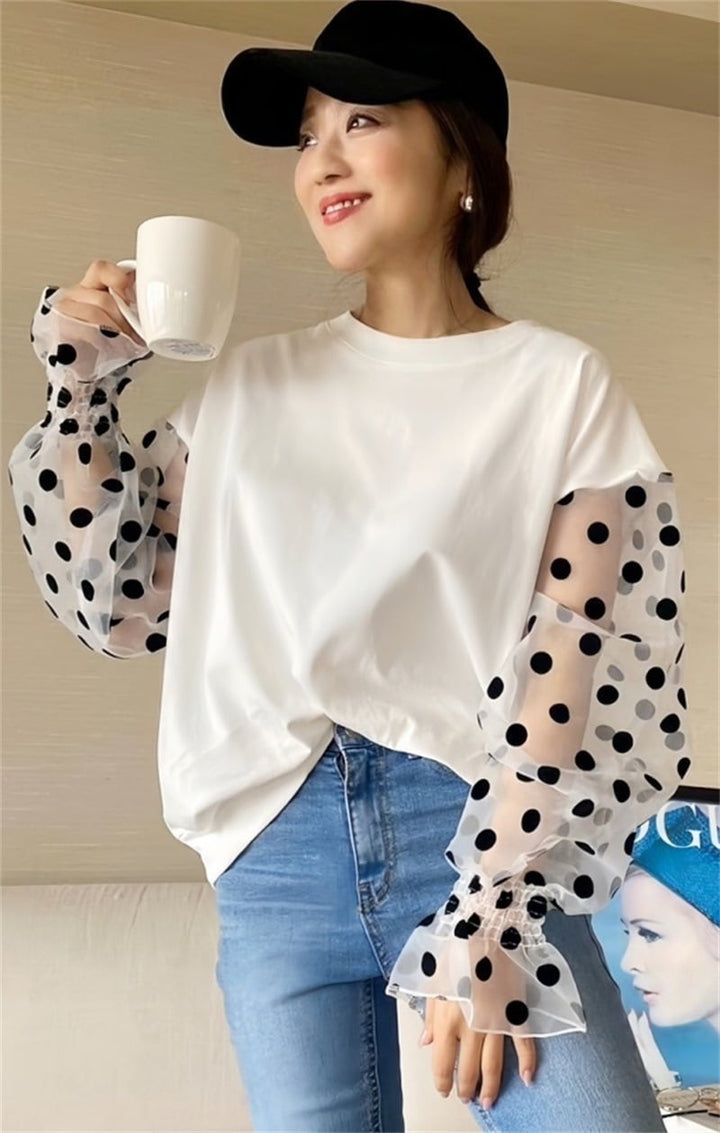 【tops】チュール切り替え長袖Tシャツ　M22604