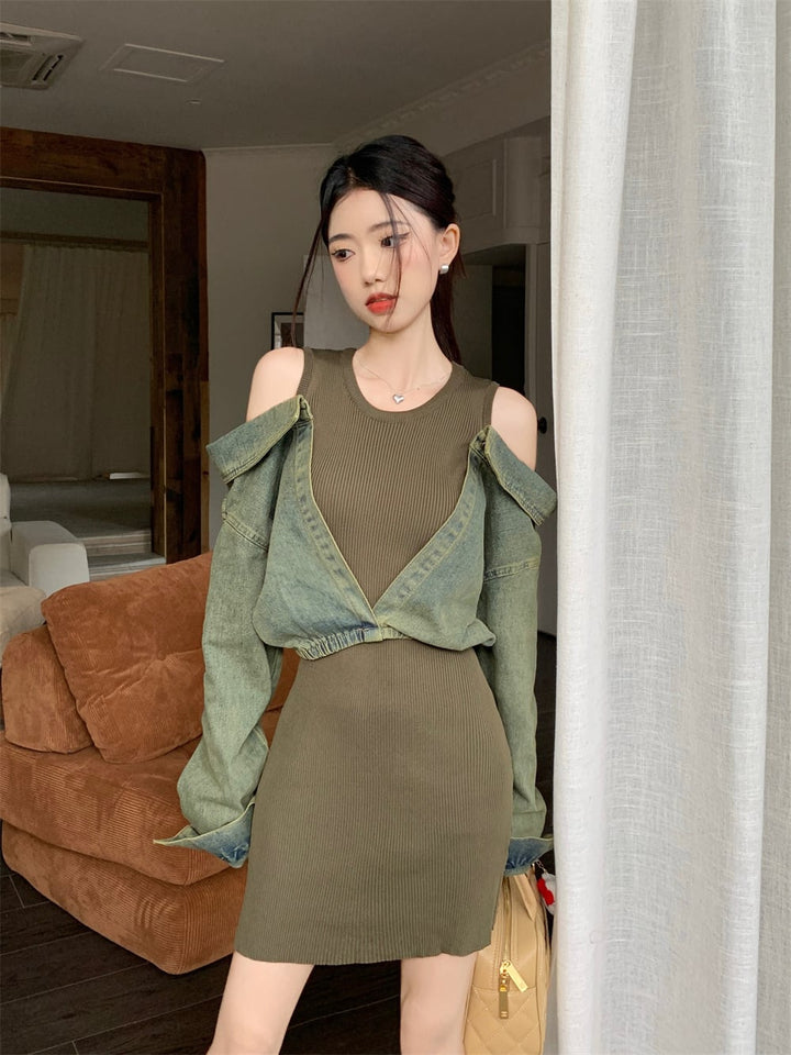 【dress】デニムドッキングニットワンピース　M17979
