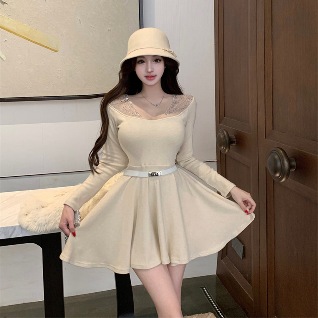 【dress】ラインストーンチュールニットミニワンピース　N3508