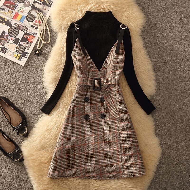 【set】ニットセーター×チェック柄キャミワンピースセット　N2256