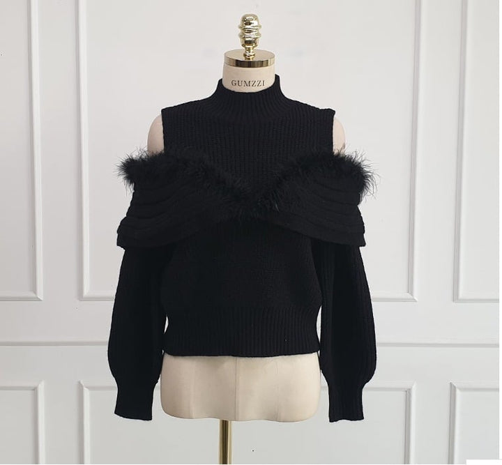 【tops】オフショルダーファーニットトップス　M28998