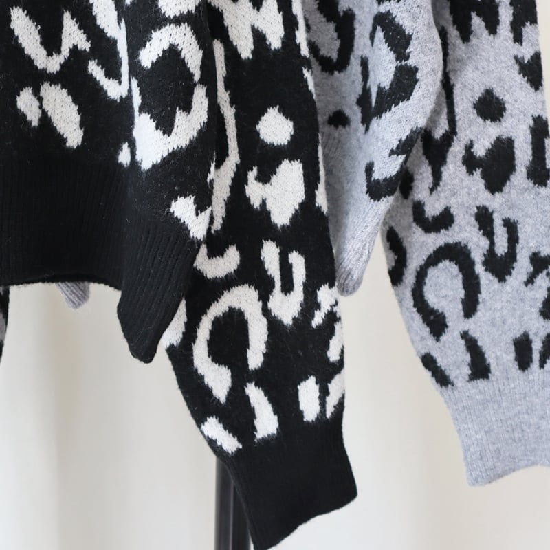 【tops】レースアップヒョウ柄ニットトップス　M26617