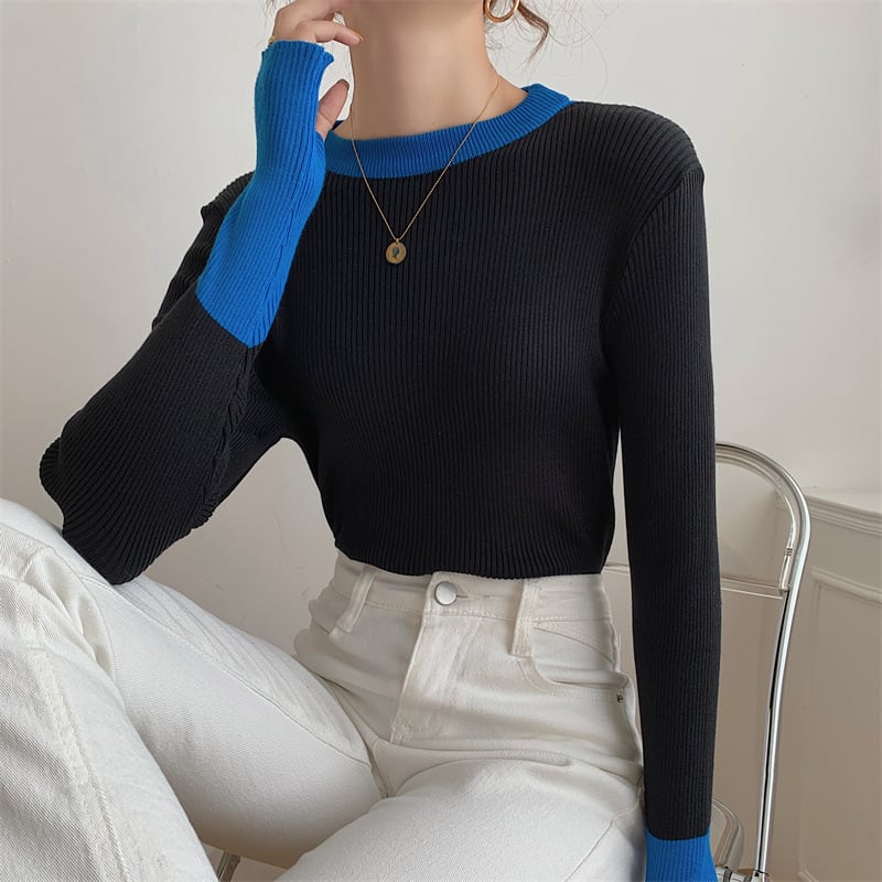 【tops】配色ニットトップス　M26540