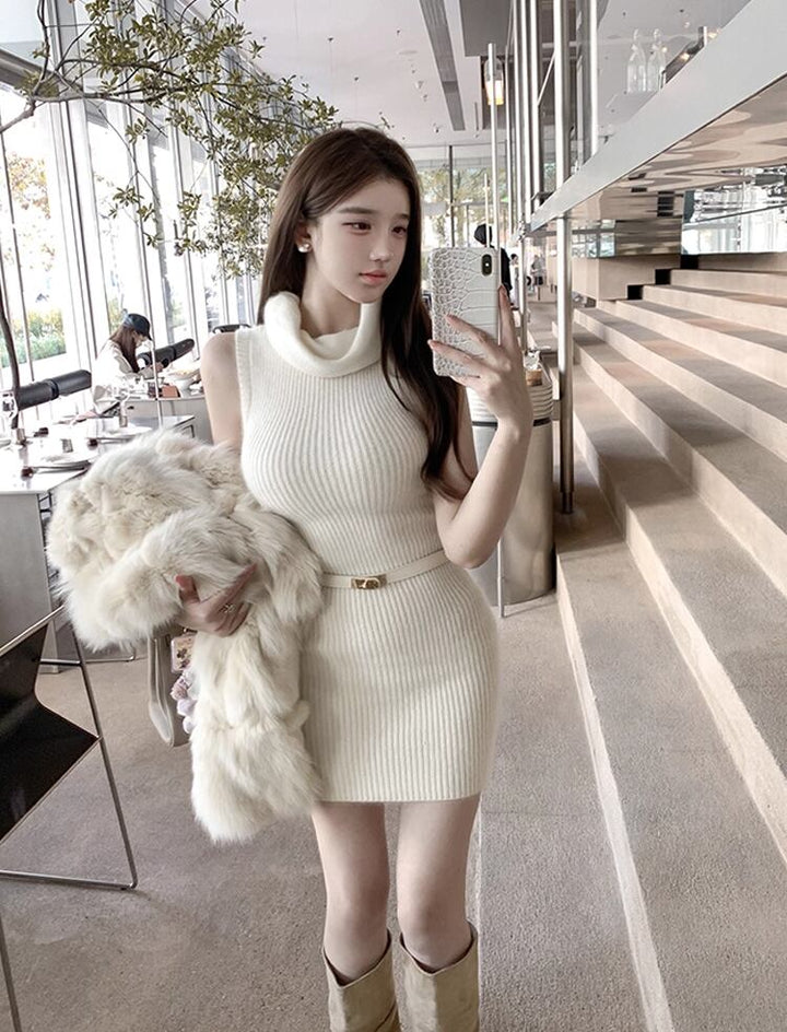 【dress】ベルト付きハイネックノースリーブニットワンピース Q7640
