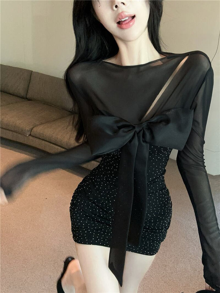 【dress】チュールコンビビジューリボン付きワンピース　M29784