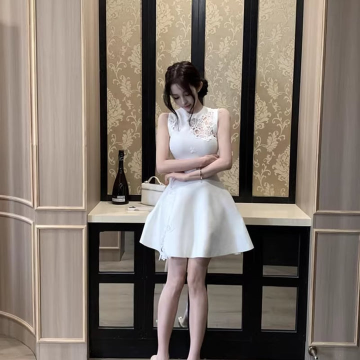 【dress】ノースリーブレースドッキングフレアニットワンピース Q7795