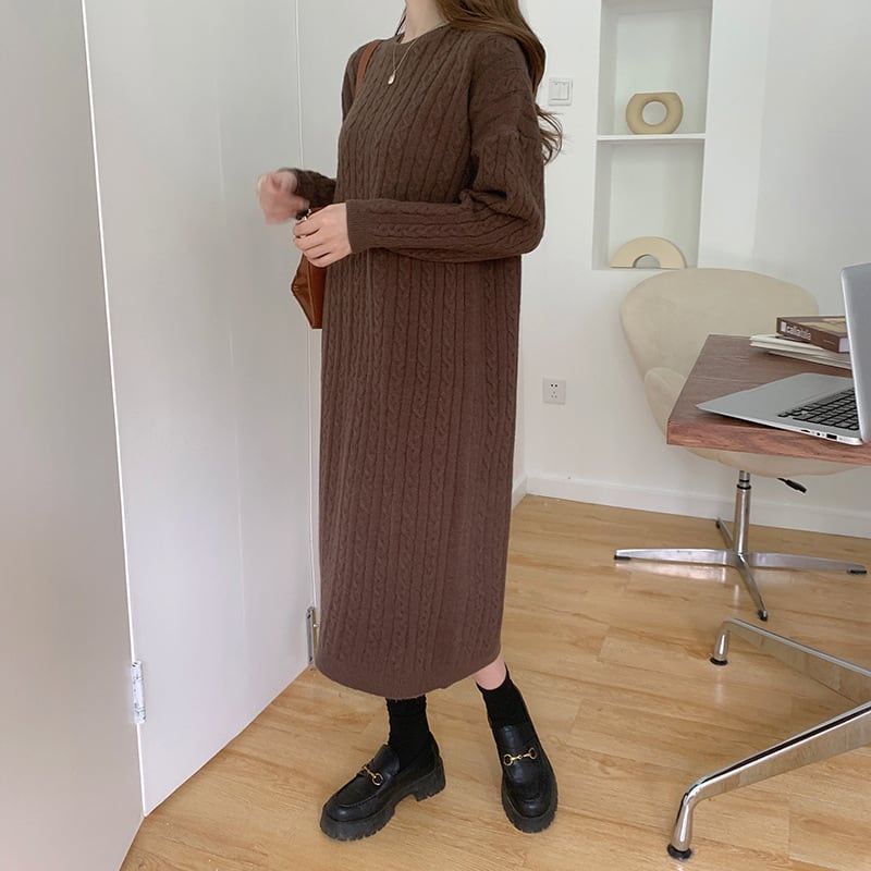 【dress】韓国系無地ニットワンピース着心地良い　M17658