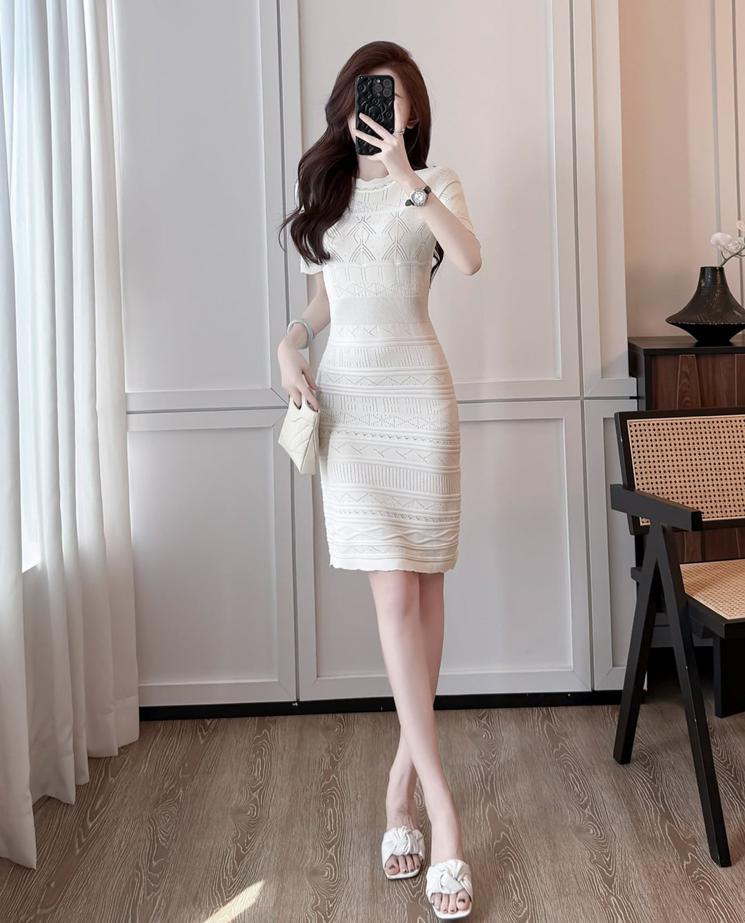 【dress】半袖透かし編みニットワンピース Q8492
