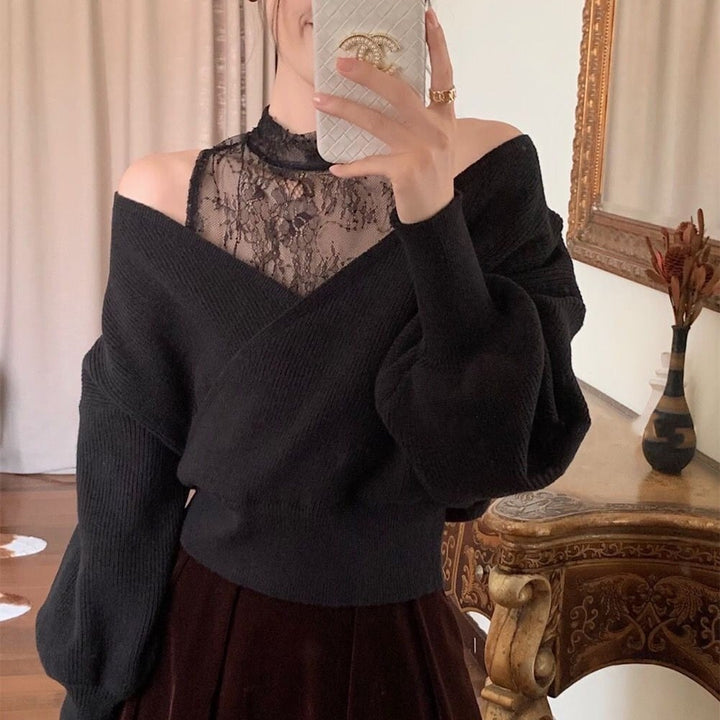 【tops】レースドッキングニットトップス     N2127