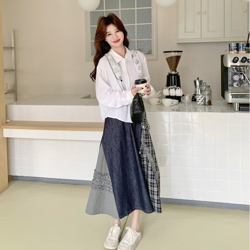 【set】スカーフ付きシャツ×チェック柄ドッキングスカートセット Q8235