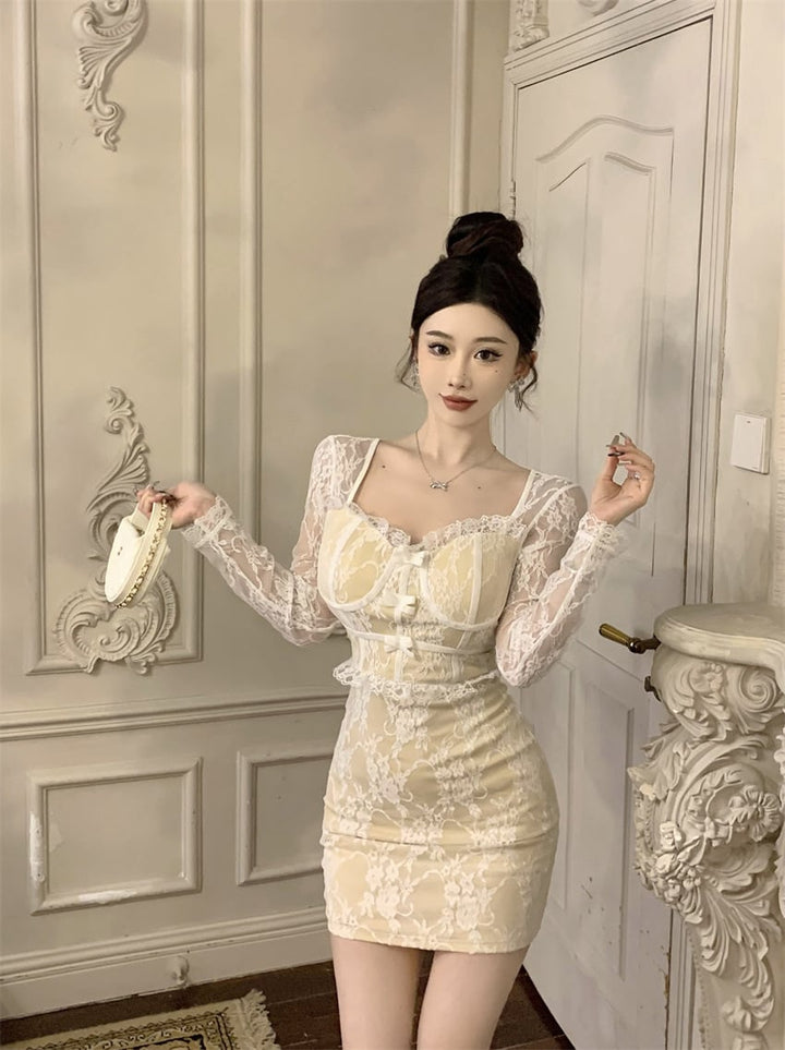 【dress】リボン付きレース切り替えワンピース　M26395