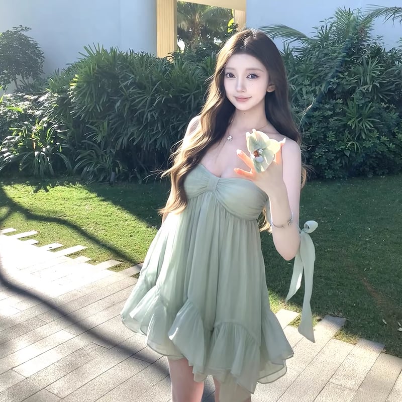 【dress】リボン付きフリルミニワンピース Q8405