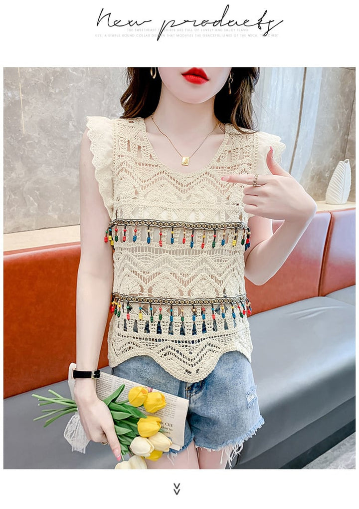【tops】大人可愛いカットワークノースリーブトップス　M17059